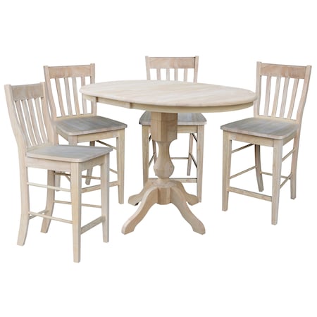 International Concepts Round 36 in Rd Extend Dining Table 34.9 inH, 4 Cafe Counter Ht Stools, Unfinished, 36 in W, 48 in L K-36RXT-11P-S6162-4